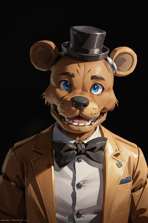 freddy fazbear,open mouth,blue eyes,furry,mini hat,animal ears,bowtie,<lora:FreddyFazbear1:0.5>, mikemai, artstation, deviantart, FAN ART, Unreal Engine, face enhance,8K, golden ratio, cinematic lighting H 704