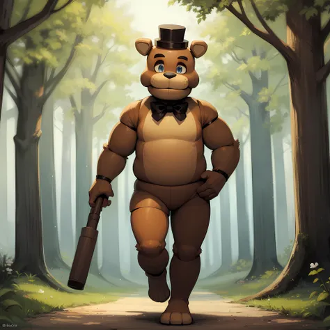 ((masterpiece, best quality)),solo,full body,  freddy fazbear,blue eyes,furry ,mini hat, animal ears, bowtie, <lora:FreddyFazbear1:0.6>, walking, forest,