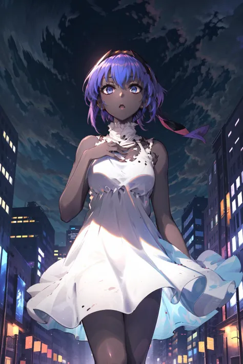 masterpiece,best quality,low saturation,1girl,hassan of serenity \(fate\),dark skin,Prototype,OriginalDress,expressionless,:o,standing,looking up,hand on own chest,street,cityscape,<lora:FGOhassan:0.8>,