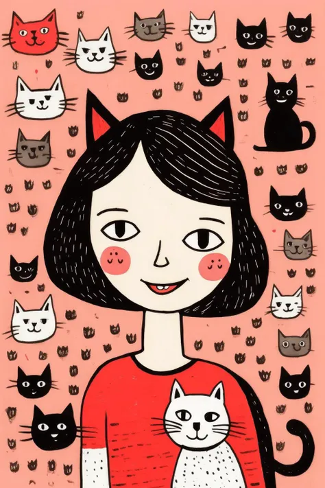 <lora:Gemma Correll Style:1>Gemma Correll Style - smiling girl with cat