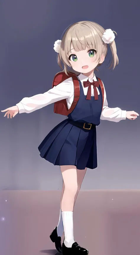 highres, absurdres, detail, masterpiece, best quality, hyperdetailed, 8k, (best quality:1.1), (ultra high definition:1.1), (beautiful girl:1.1), (masterpiece:1.1), (photorealistic:1.1), Ultra Detail, (High Skin Detail:1.1), (Best Quality:1.1), (Ultra High Definition:1.1), (Masterpiece:1.1), (Photorealistic:1.1), Super Detail, (High Skin Detail:1.1), (Best:1.1), (High Hands Detail:1.1), (High Eyes Detail:1.1), solo, 1girl, (dynamic pose:0.3), detailed background, colorful,
small breasts,
ite chiull body, standing, looking at viewer, open mouth, child feet,ui3, 1girl, solo, green eyes, pom pom \(clothes\), backpack, pinafore dress, white shirt, white socks, long sleeves, aged down, short hair, belt, red bowtie, bangs, school uniform, blue dress, collared shirt, (RGBbackground, light RGB:1.2),(dance:1.4),
<lora:shigure_ui_v2:0.8> <lora:add-detail-xl:2>