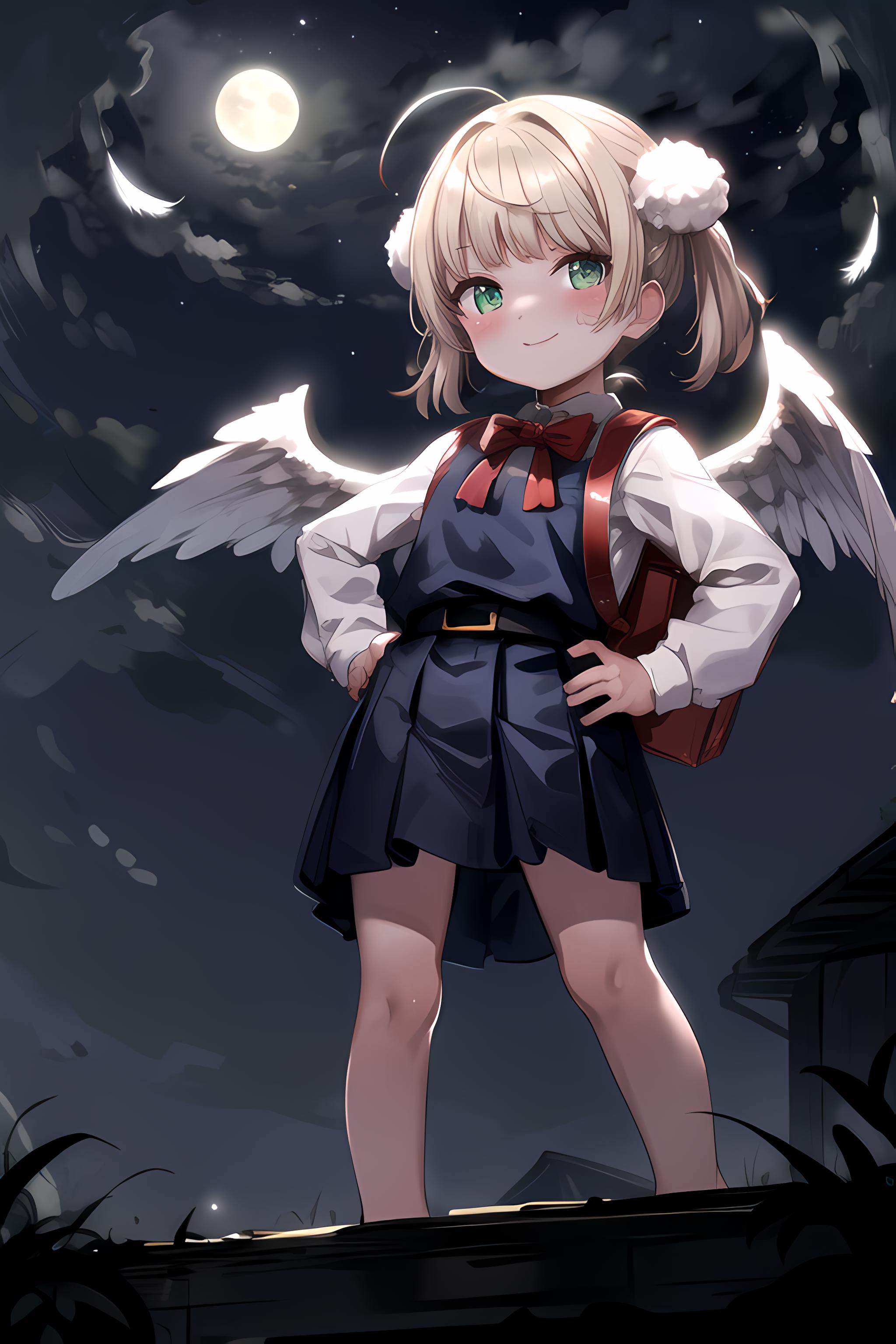 A girl with angel wings standing on a ledge in front of a full moon ...