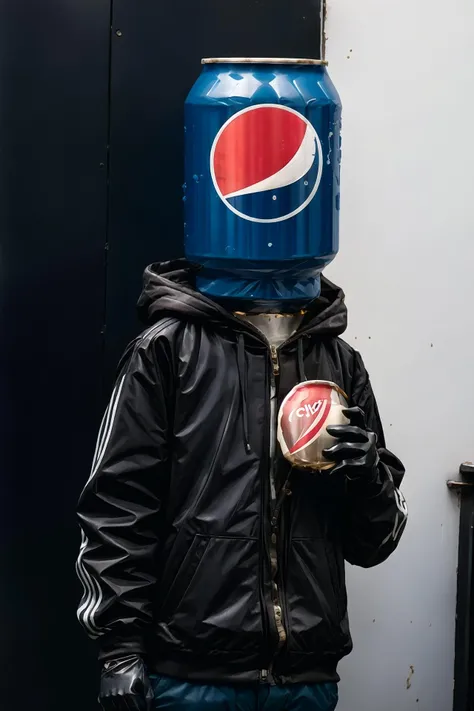 <lora:flat2:-1>, <lora:danish:1>, object heads, headless, <lora:pepsi:1.2>, pepsi:1.2, can as head, brand name imitation, gloves, A man with a Pepsi cola can for a head was acting calmly, despite his strange appearance. He tilted his head and poured cola from his mouth. He said to the people around him, "Drink my face".