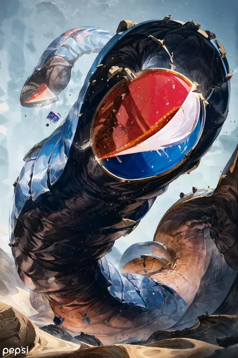 <lora:flat2:-1>, <lora:Sandworm:1>, Sandworm, <lora:pepsi:1.4>, (pepsi, a lot of can:1.5), (many cans:1.4), As sand and Pepsi cola can scales flew up around it, (a huge blue metal worm:1.6) appeared. (The metal worm's body looked like Pepsi cola cans connected together, and it had an aluminum can shell with brand name imitation marks lined up:1.2).  The metal worm's head was a Pepsi cola can itself, and it had a mouth like a pull tab. It shot out a cola cutter compressed with high-pressure carbon dioxide gas. The cola cutter was sharp and powerful, and it sliced the prey in half. The metal worm lived in the desert, and it lured and ate thirsty animals with sweet Pepsi cola.