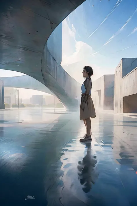 (masterpiece, top quality, best quality, official art, beautiful and aesthetic:1.2), (8k, best quality, masterpiece:1.2, ), photo_scale, solo, standing, 1girl, scenery, reflection, silhouette, <lora:CGphotobuilding asw:1>