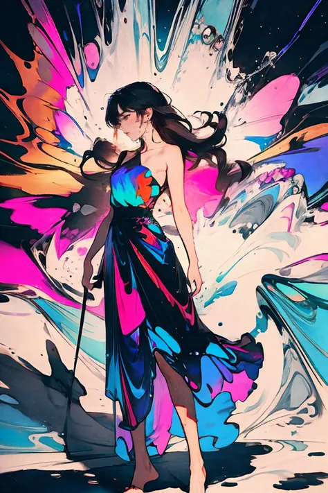 abstract dark fluid art, (black, gold and marble:0.6), (splash:1.2), swirls, flow, dynamic, expressive, intricate, muted colors, (contrast:1.2), masterpiece, best quality, absurdres, illustration, watercolor, 1girl, young girl with butterfly wings, in water, solo, long hair, dress, skirt hold, sleeveless, barefoot, bare shoulders, standing, outdoors, cloud, sky, water, water splashes, rainbow, (tight dress:0.5), (blue, red, pink, flower clusters, ), ((iridescence holographic Clothing:1.3)), acid_fluid, <lora:acid_fluid_lora:0.7>, <lora:holov7:0.6>, <lora:LowRA:0.6>