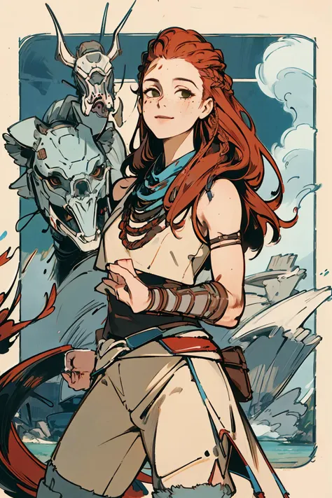 absurdres, highres, ultra detailed,pikkyaloy, 1girl, braid, smile, bracer, tribal,cowboy shot, pelt, freckles, long hair, red hair, solo, boots, green eyes <lora:Aloy:1> <lora:AnimeTarotCardArtStyleLoRA(å¡ç½ç_ã¿ãããã«ã¼ã)_v3.1:1>