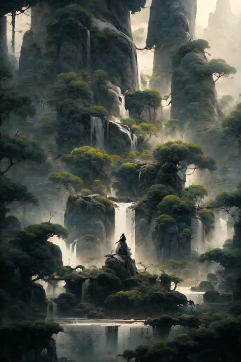 an painting in a style of oriental painting, in the style of matte painting, layered and atmospheric landscapes, rich and immersive, quiet contemplation, dark white and green, history painting, zen-inspired, grandeur of scale, highly detailed, dynamic, cinematic, stunning, realistic lighting and shading, vivid, vibrant, 8k, octane render, unreal engine, very detailed, concept art, realistic, Cry engine, wide shot, 1 girl, very long hair, white hair, (upper body:1.0), <lora:pine_20230904213617:1>, <lora:add_detail:1>