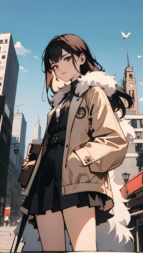 best quality,masterpiece,8k wallpaper,absurdres, highres, ultra detailed, (1 young beautiful girl, solo:1.1)fur coat,microskirt,shadow puppet,cityscape, skyscraper,east_asian_architecture, street
BREAK