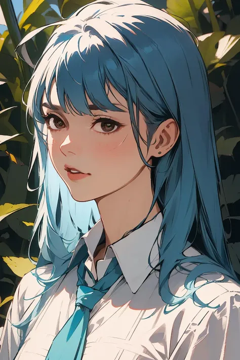 absurdres, highres, ultra detailed, (1 young beautiful girl, solo:1.1),collared shirt, portrait,light blue hair