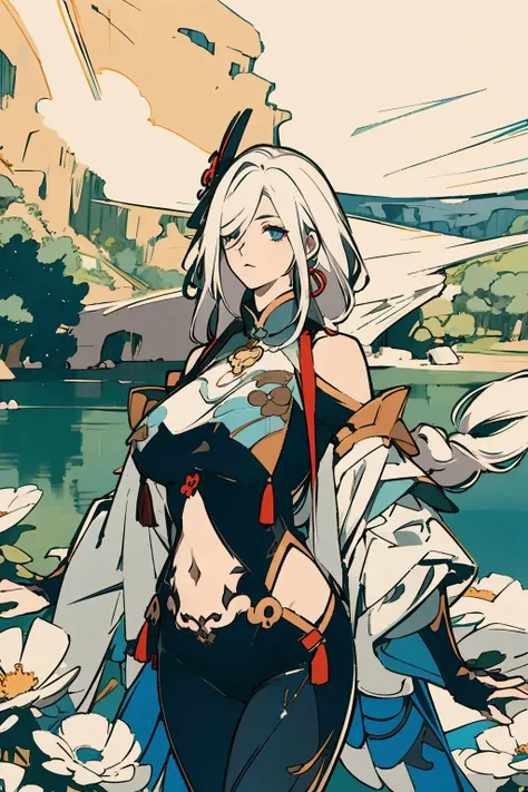 absurdres, highres, ultra detailed, (1 young beautiful girl, solo:1.1),<lora:ShenHe:0.8>, shen_he, beautiful girl, ((cowboy shot)), white hair, ((very long hair)),(gigantic breasts), braid ponytail, ponytail, jewelry, hair over one eye, black bodysuit, hip vent, shoulder cutout, navel, breasts curtain, hair ornament, blue eyes, upper body,outdoors, sunshine, lawn, flowers, sunny, lake, park, <lora:AnimeTarotCardArtStyleLoRA(å¡ç½ç_ã¿ãããã«ã¼ã)_v3.1:1>