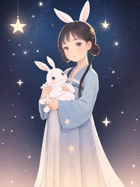 star,starlight, forest, 1girl holding rabbit , looking at viewer, rabbit baby ears, she wearing hanfu, surrounded by shining stars, animation illustration,<lora:hanfuTang_v41_R_SDXL:0.55>,