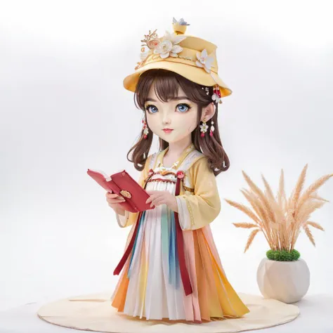 yanzhi,paper quilling Artwork,1girl,chibi,beauty eyes,High quality,Best quality,8K,brown hair,A light red hat,decorated with various pins, and leather bands on the side,American street style,White background,yanzhi,1girl, hanfu, white upper shan, multicolour chest pleated skirt, yellow waistband, Studio lighting, <lora:hanfuTang_v41_R_SDXL:0.5> <lora:sdxl_yanzhiV4:0.5> <lora:neg4all_bdsqlsz_xl_V7:1>