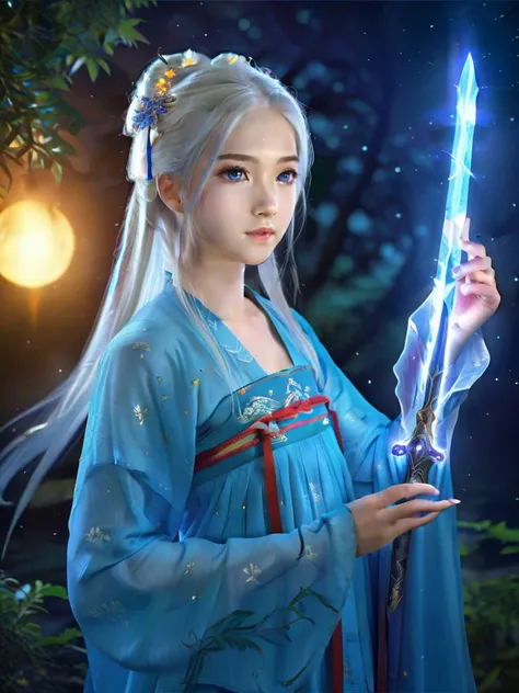 (masterpiece,best quality:1.5), , asian girl with white hair,, straight hair, blue clothes, holding a sword, in the style of dark azure and light azure, mixes realistic and fantastical elements, vibrant manga, uhd image, glassy translucence, vibrant illustrations, ultra realistic, long hair, straight hair, portrait, mysterious forest, firefly, bokeh, mysterious, night, sky, cloud, eyes detail, beautiful eyes, light in eyes,hanfu, <lora:hanfuTang_v41_R_SDXL:0.55>