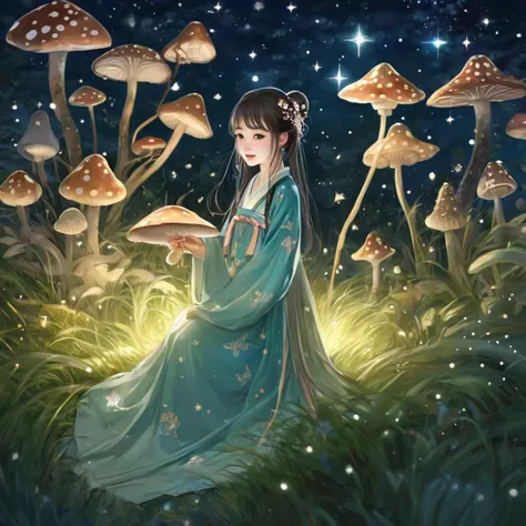 star,starlight,forest,1girl,grass,mushroom,squirmle,nights,surrounded by shining stars,best quality,masterpiece,illustratio,1girl, hanfu <lora:tangStyle_sdxl_autodl_v11:0.5>