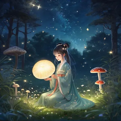 star,starlight,forest,1girl,grass,mushroom,squirmle,nights,surrounded by shining stars,best quality,masterpiece,illustratio,1girl, hanfu,<lora:hanfuTang_v41_R_SDXL:0.55>,
