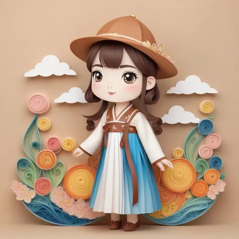 yanzhi,paper quilling Artwork,1girl,chibi,beauty eyes,High quality,Best quality,8K,brown hair,A light red hat,decorated with various pins, and leather bands on the side,American street style,White background,yanzhi,1girl, hanfu, white upper shan,(multicolour chest pleated skirt), Studio lighting, <lora:hanfuTang_v41_R_SDXL:0.5> <lora:sdxl_yanzhiV4:0.6> <lora:neg4all_bdsqlsz_xl_V7:1>