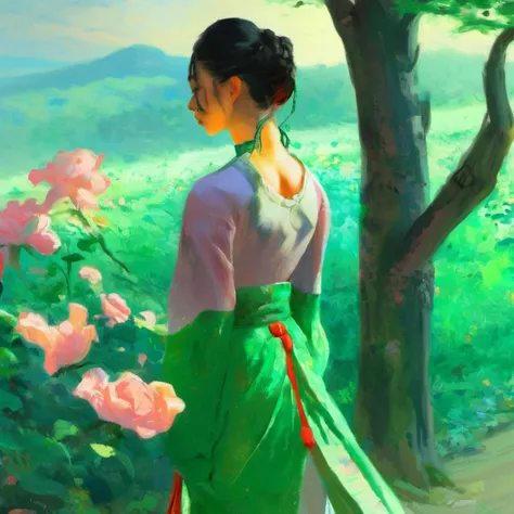 A Chinese-style traditional clothing girl, with a serene expression on her face and long, flowing hair. She is standing on a sunny day, in front of a green lantern, surrounded by flowers and birds in flight. Her clothes are in perfect condition, with no signs of wear or tear. The girl's posture is elegant and refined, with her back straight and her feet placed slightly apart. She is surrounded by a sense of calm and tranquility, with a peaceful atmosphere. The style of the illustration would be a blend of Chinese calligraphy and painting, with a focus on fine details and intricate brushwork. The girl's skin would be depicted with delicate brushstrokes, highlighting her skin tone and texture. The overall mood would be of a peaceful and serene, yet elegant and sophisticated, portrayal of a Chinese-style traditional clothing girl, exploring the beauty of nature., Impressionism style painting \(medium\), <lora:impression:1>