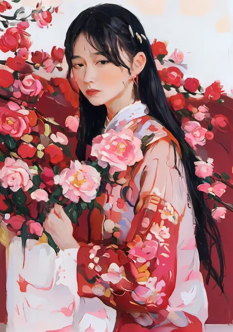 A young chinese women in hanfu with long hair, bright eyes and a smile, wearing a gorgeous hanbok and holding a garland of flowers, with a beautiful garden with pink flowers in the background, Impressionism style painting <lora:impression-000016:1>
