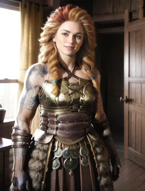 Thrud, standing in her room, armor, cocky smile, arms on hips, proud, (8k, RAW photo, best quality, masterpiece:1.2),ultra-detailed, (high detailed skin:1.2), 8k uhd, dslr, soft lighting, high quality, <lora:Thrud_GoWR_v1:0.8>