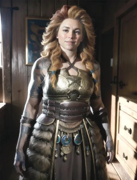 Thrud, standing in her room, armor, cocky smile, arms on hips, proud, (8k, RAW photo, best quality, masterpiece:1.2),ultra-detailed, (high detailed skin:1.2), 8k uhd, dslr, soft lighting, high quality, <lora:Thrud_GoWR_v1:0.8>