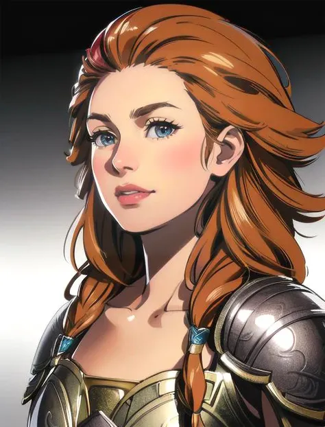 Thrud, armor, happy, portrait, (8k, RAW photo, best quality, masterpiece:1.2),ultra-detailed, (high detailed skin:1.2), 8k uhd, dslr, soft lighting, high quality, <lora:Thrud_GoWR_v1:0.85>