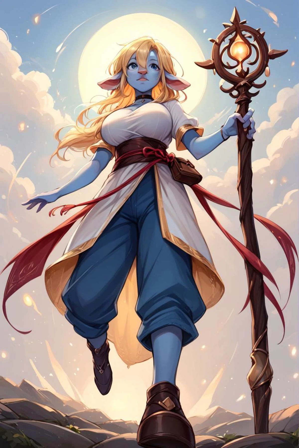score_9, score_8_up, score_7_up, source_anime, <lora:Nova_Sphere_Style_V1.0:1>,
Beautiful Lighting, 1girl, dynamic angle, dynamic pose, <lora:DynamicPose_alpha1.0_rank4_noxattn_100steps:1>,
blue eyes, blonde hair, hair intakes, hair between eyes, decorated black choker, large breasts,
BREAKE
outdoors,
mage, holding mage staff, casting magic, full body, running, (from below:1.3), standing, spread legs,
BREAKE
<lora:Firbolg:1>, Firbolg, furry, (big nose, big nose:2), animal ears, blue skin, round ears,
