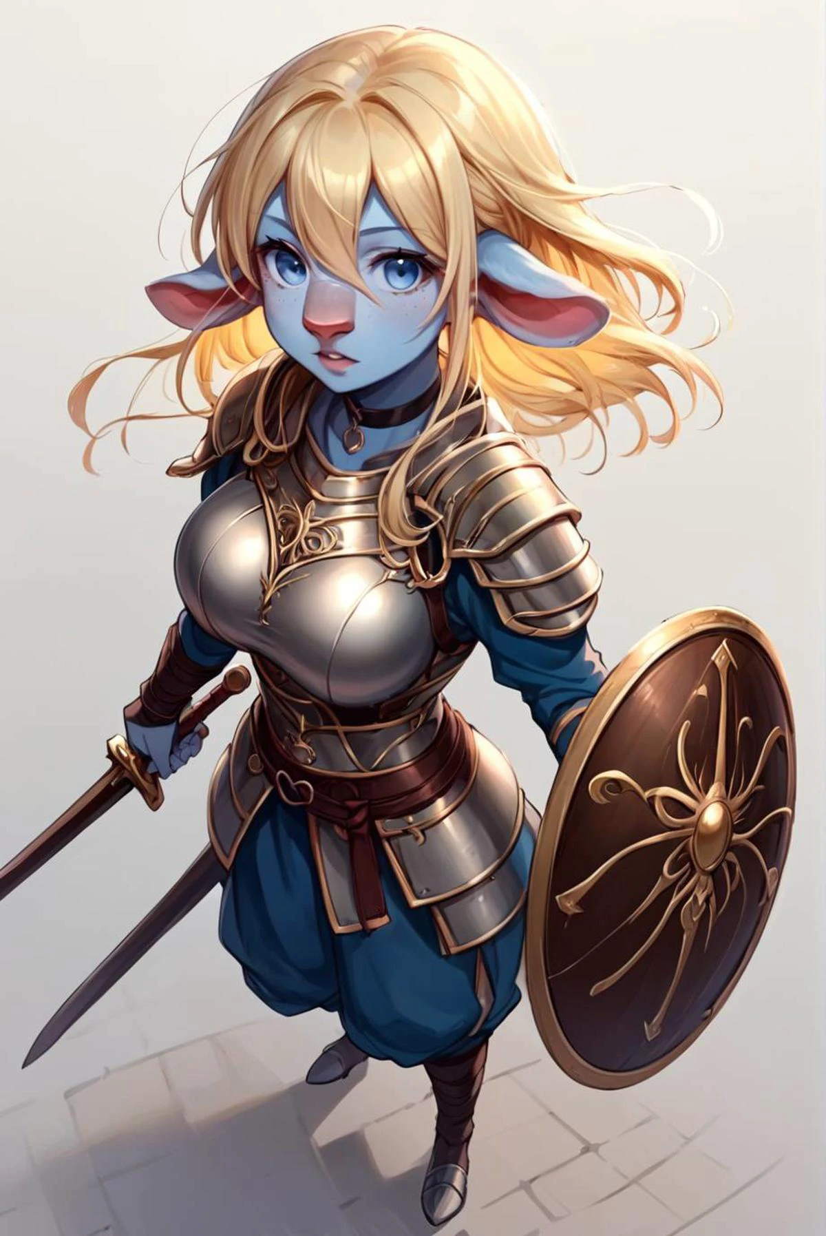 score_9, score_8_up, score_7_up, source_anime, <lora:Nova_Sphere_Style_V1.0:1>,
Beautiful Lighting, 1girl, dynamic angle, dynamic pose, <lora:DynamicPose_alpha1.0_rank4_noxattn_100steps:1>,
blue eyes, blonde hair, hair intakes, hair between eyes, decorated black choker, large breasts,
BREAKE
outdoors,
warrior, holding sword, shield, armor, full body, (from above:1.1), fighting stance, open mouth,
BREAKE
<lora:Firbolg:1>, Firbolg, furry, (big nose, big nose:2), animal ears, blue skin, round ears,