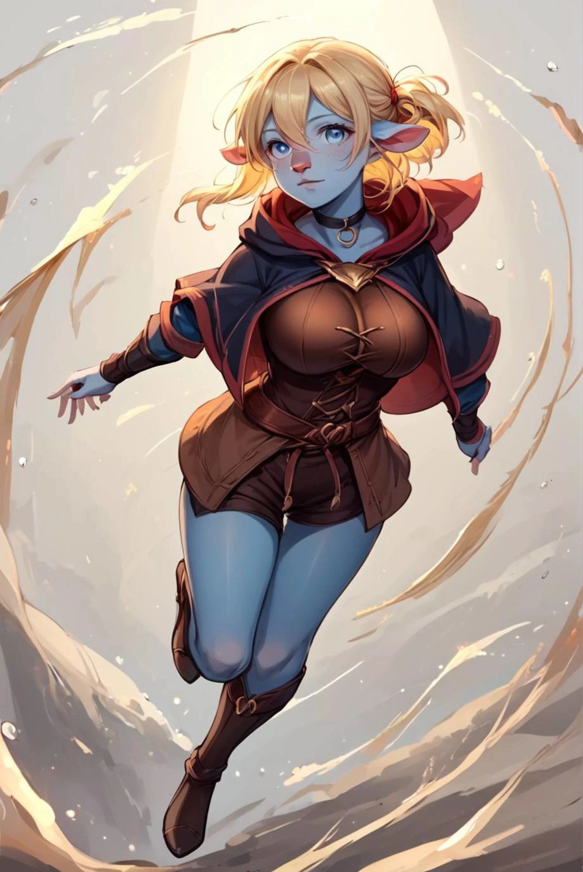 score_9, score_8_up, score_7_up, source_anime, <lora:Nova_Sphere_Style_V1.0:1>,
Beautiful Lighting, 1girl, dynamic angle, dynamic pose, <lora:DynamicPose_alpha1.0_rank4_noxattn_100steps:1>,
blue eyes, blonde hair, hair intakes, hair between eyes, decorated black choker, large breasts,
BREAKE
outdoors, fantasy background,
thief, (hood up:1.2), full body, running,
BREAKE
<lora:Firbolg:1>, Firbolg, furry, (big nose, big nose:2), animal ears, blue skin, round ears,
