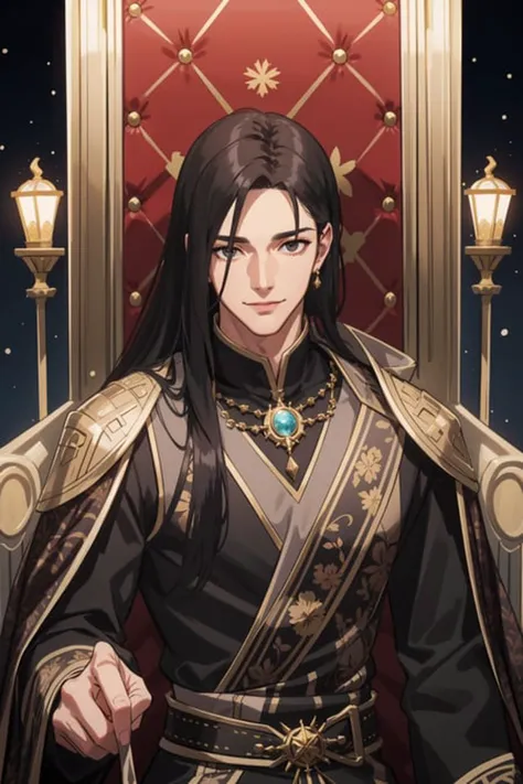 masterpiece, best quality, 1 male, adult, mature, handsome, tall muscular guy, dark color hair, fantasy, complex pattern, detailed face, throne, magic effect, upper body, best ratio four finger and one thumb, ice, bitter cold, cold snap, smile