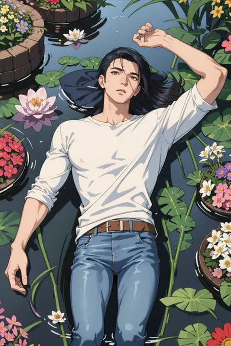 masterpiece, best quality, 1 male, adult, handsome, tall muscular guy, The pond is filled with colorful flowers, A man lying on back comfortably in it, from directly above, (white shirt, jeans), wet, colorful, artistic, depth of field