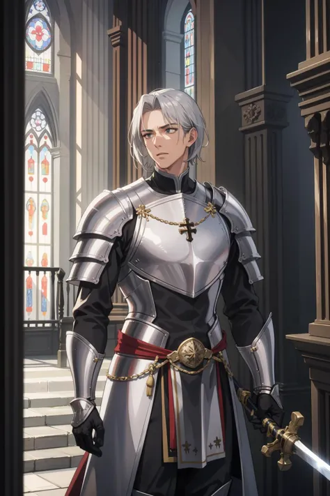 masterpiece, best quality, 1man, male focus, handsome, mature, tall muscular guy, short silver hair, knight, armor, large sword, holy, cathedral, religious, sublime, battleground
