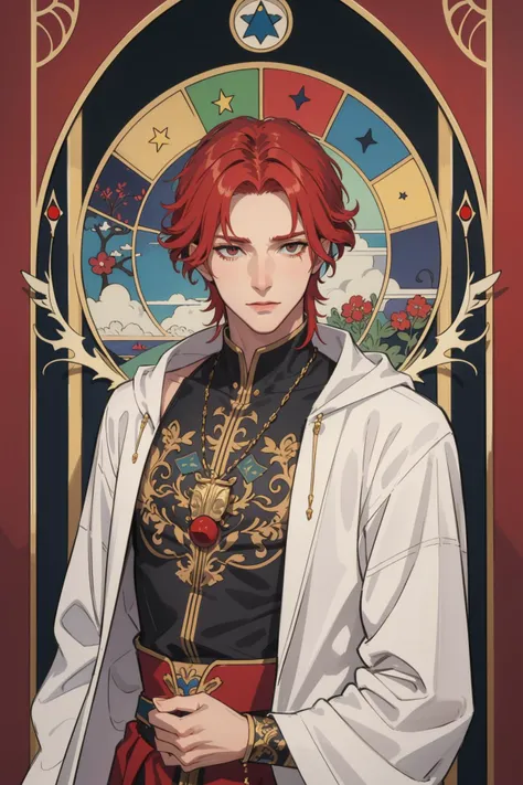 masterpiece, best quality, 1 male, adult, handsome, tall muscular guy, red hair, the fool \(tarot\),bard, clown,Symbolism,Visual art,Occult,Universal,Vision casting,Philosophical,Iconography,Numerology,Popularity,Artistic, Alfons Mucha