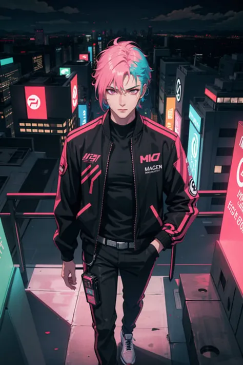 masterpiece, best quality, 1 male, handsome, tall muscular guy, Cyberpunk, motorcycle, neon hair, holographic, black jacket, intense run, speed, night city, neon sign, skyscraper, depth of field, from directly above, Cyan, Magenta