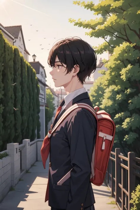 masterpiece, best quality, 1man, male focus, handsome, residential area, fence, spindle trees, afternoon sun, the way home from school, school uniform, backpack, , from directly side, depth of field