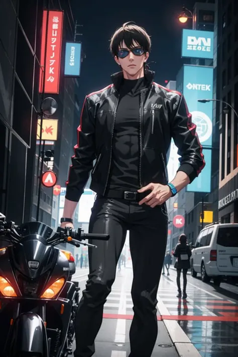masterpiece, best quality, 1 male, handsome, tall muscular guy, Cyberpunk, motorcycle, goggles, holographic, black jacket, intense run, speed, night city, neon sign, skyscraper, depth of field