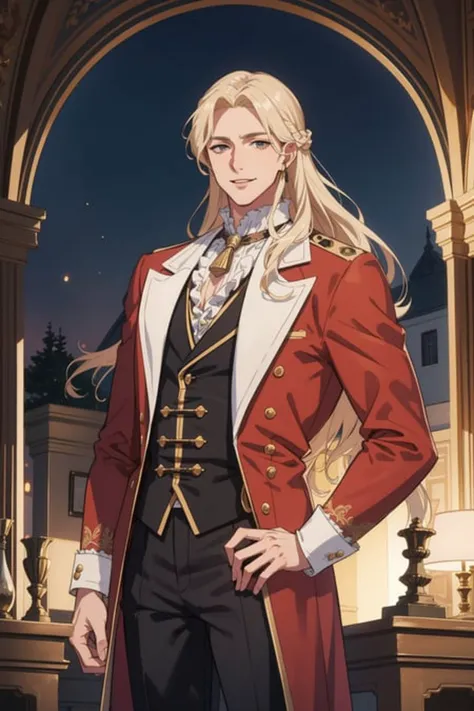 masterpiece, best quality, 1man, male focus, handsome, mature, tall muscular guy, long blond hair, large 18th-century baroque mansion, garden, nobleman, aristocratic, elegant, neat, graceful, sunset, scenery, smile