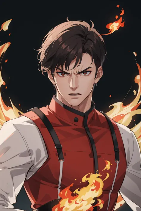 masterpiece, best quality, 1 male, handsome, tall muscular guy, very short hair, undercut, upper body, in the middle of a fight, colorful flame effect, very strong, angry, battle action, dynamic angle, fighter, powerful, best ratio four finger and one thumb