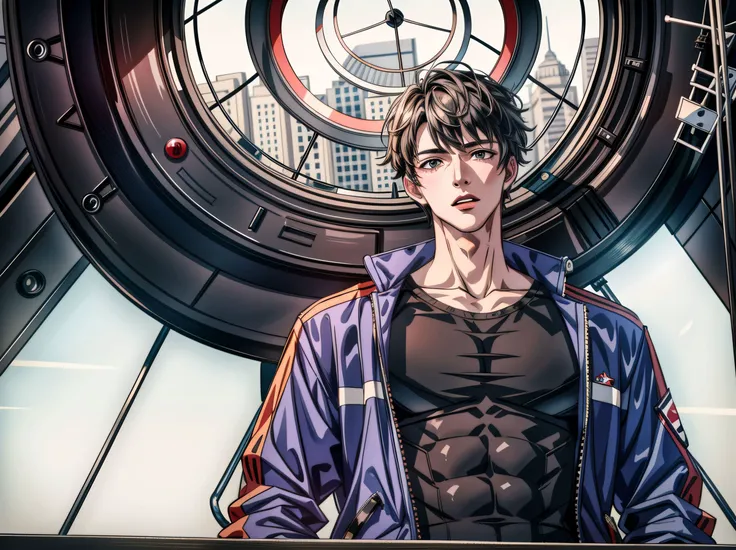 1boy, muscular, tall guy,broad shoulders, black hair, very shot hair,open clothes, looking at viewer, from below,detailed eyes,
absurdres,masterpiece, ultimate details,high quality, highres,
sunlight,
<lora:add_detail:1> ,<lora:Muscular:0.6>