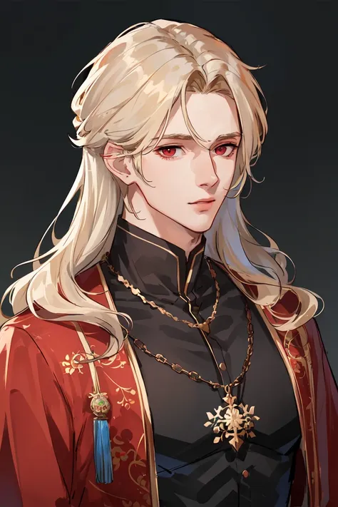 ((masterpiece:1.2, best quality)), 4k, 1man, adult, mature, handsome, wavy long blonde hair, red eyes, Wizard, Robe, Fantasy, magic, portrait, extremely detailed face, (muscle:1.4, broad shoulders:1.4, disciplined body)