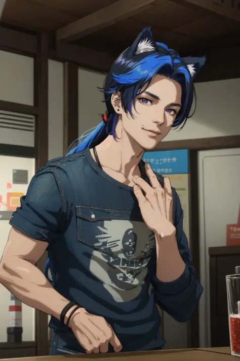 <lora:virtualWorldsPeople_tobias:.8> (masterpiece, best illustration, extreme light and shadow), 1boy, solo, (male focus:.7), transgender, non-binary, (blue hair), long hair, purple eyes, cat ears, animal ears, (mature), perfect face, side lighting, lustrous skin,(bloom), (shine), wearing a blue tshirt, denim jeans, wristband, (cyberpunk style:.6), jewelry, (perfect hands), depth of field, embers, particles, (chromatic abberation, dslr, fxaa), (close up, dynamic angle), smile, smirk, shy, tattoos, standing in a shopping mall, (indoor lighting), wind swept hair, (sidelighting), (volumetric lighting)