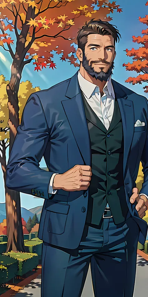 masterpiece, best quality, 1 male, adult, mature, tall muscular guy, handsome, beard, suit, navy blue jacket, forest, smile, outdoor, autumn, sunlight, sunshine