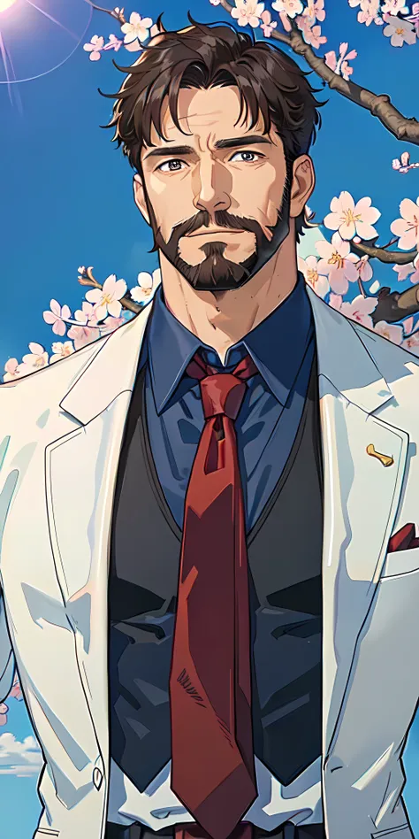  masterpiece, best quality, high resolution, 1 male, adult, mature, tall muscular guy, handsome, white shirt, navy blue tie, deep brown eyes, beard, extremely detailed face, cherry blossom, outdoor, spring, sunshine