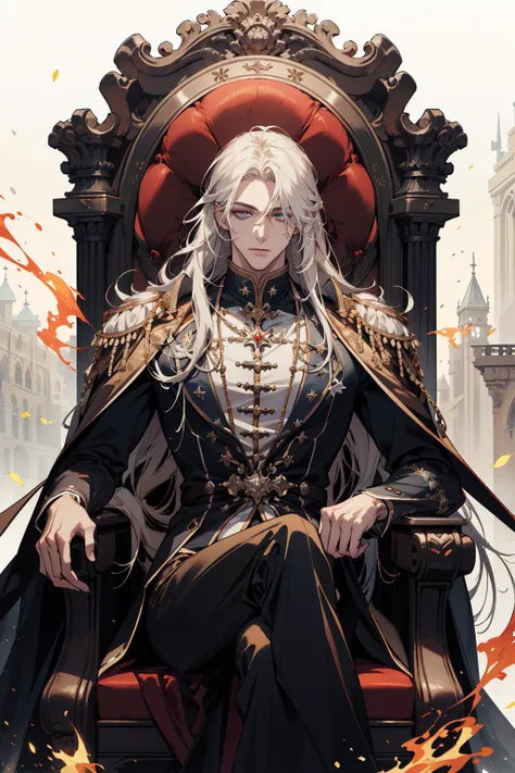 (absurdres, highres, ultra detailed), 1 male, adult, handsome, tall muscular guy, broad shoulders, finely detailed eyes and detailed face, long hair, fantasy, magnificent background, throne, magic effect, flame