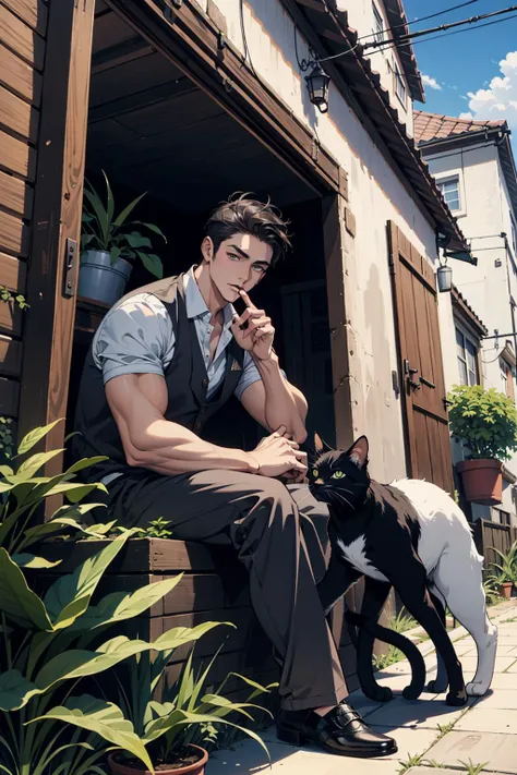 (absurdres, highres, ultra detailed), 1 male, handsome, tall muscular guy, very short hair, best ratio four finger and one thumb, best light and shadow, background is back alley, detasiled sunlight, sitting, Little cats are gathered next to him, dappled sunlight, day, depth of field, plants, summer, (dutch angle), closed mouth