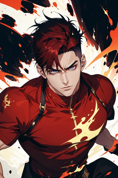 (absurdres, highres, ultra detailed), 1 male, adult, handsome, tall muscular guy, broad shoulders, finely detailed eyes and detailed face, very short hair, undercut, in the middle of a fight, colorful flame effect, very strong, angry, battle action, dynamic angle, fighter, powerful, best ratio four finger and one thumb