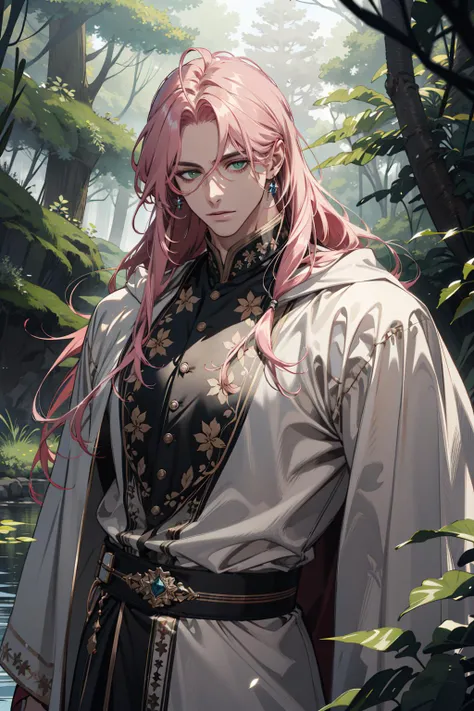 (absurdres, highres, ultra detailed), 1 male, adult, handsome, tall muscular guy, broad shoulders, finely detailed eyes and detailed face, pink long hair, green eyes, white robe, forest, trees full of greenery, fluttering leaves, pond, natural light and shadow, There are shiny particles flying around the man, fantastic, fairy tale, mysterious, shining sparkle