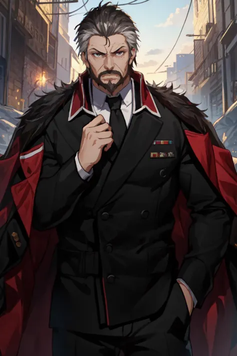 (((masterpiece))), (((((best quality))))), official art,extremely detailed CG unity 8k wallpaper,((1boy)),solo,facial hair,(((male focus))),mature male,slicked back hair,sideburns,bulge,stubble,angry,detailed pupils,good eyes,kryuger,male focus, solo, necktie,griffin & kryuger military uniform, black necktie,looking at viewer, pants,muscular male, solo, bara,large pectorals, <lora:kryuger-pynoise:1>,