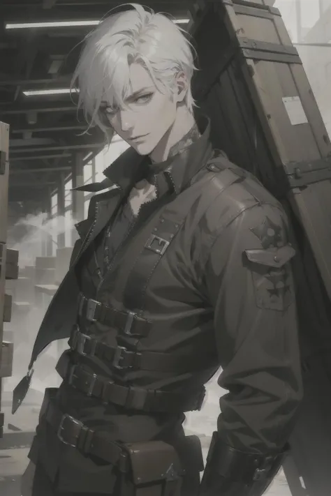 (absurdres, highres, ultra detailed), 1 male, adult, handsome, tall muscular guy, broad shoulders, white hair, finely detailed eyes, portrait, looking at viewer, solo, half shot, detailed background, detailed face, (steampunk industrial), smirk, renegade, rugged dark leather clothes, small leather pouch, high fantasy medieval setting, smuggler hideout background, stealth, undercover, (crates in background), shadows, fog, (dutch angle), closed mouth