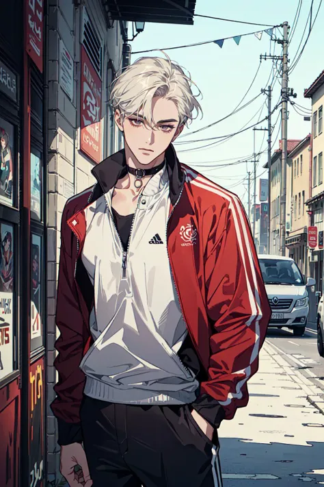 illustration, ink color, wash watercolor, young man, solo, handsome_male, choker, robust, track jacket, comb over, pigeon pose, <lora:add_detail:1.5>, <lora:handsome_male-02:0.8>,